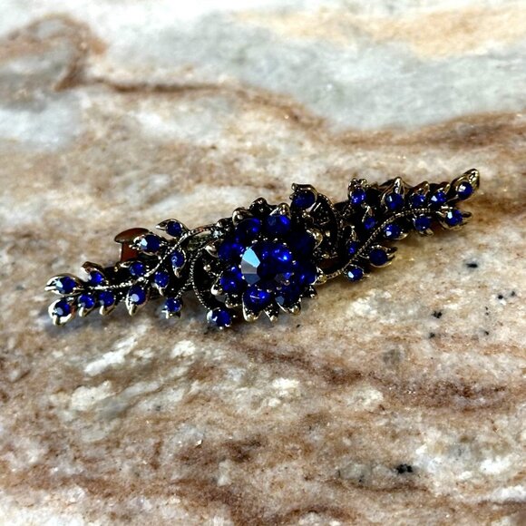 Boutique Accessories - Sapphire Blue Floral Crystal Rhinestone Medium Barrette/Hair Clip in Gold Tone